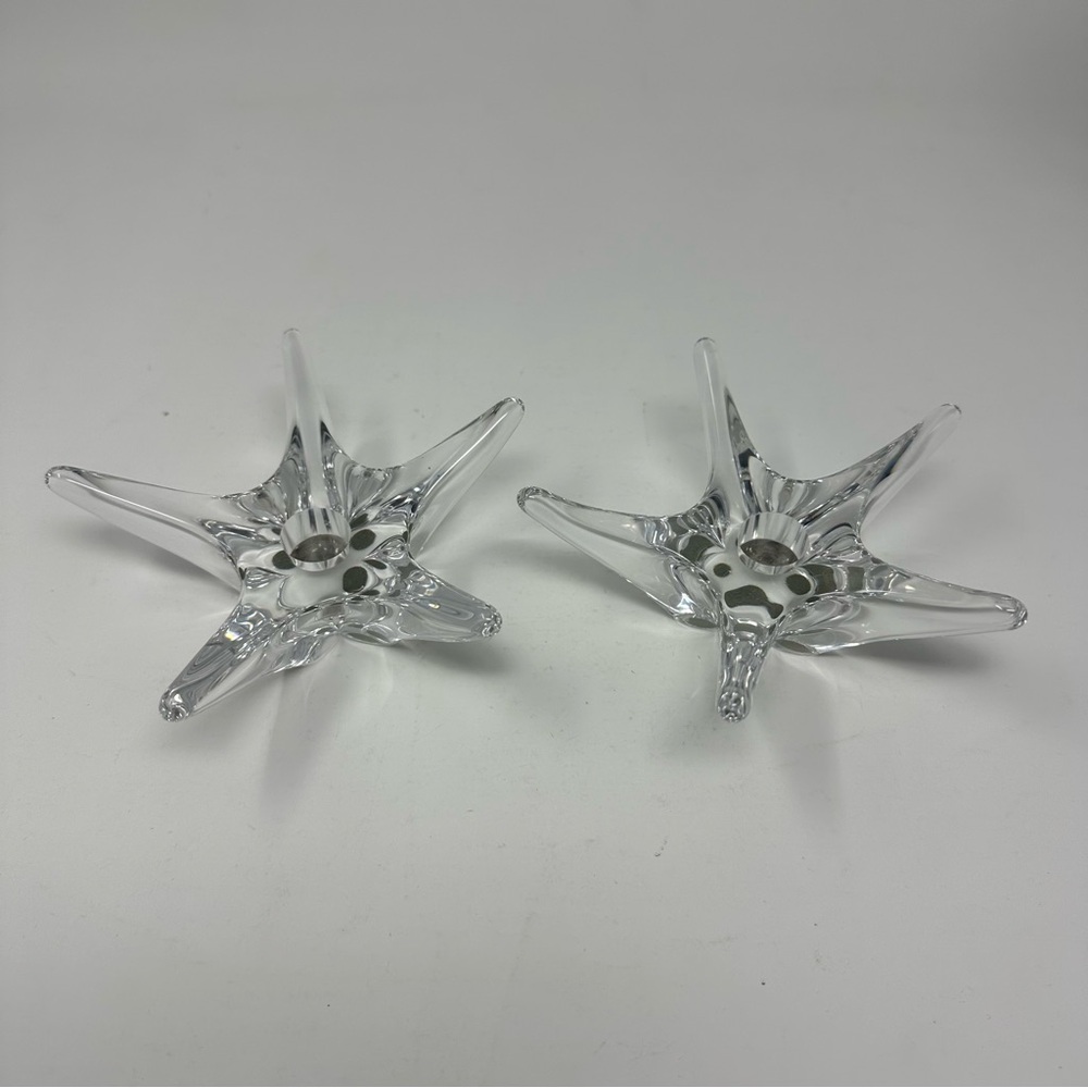 2x Daum Signed pre-1960 Star Shaped Crystal Candlestick Holders 6” Diameter